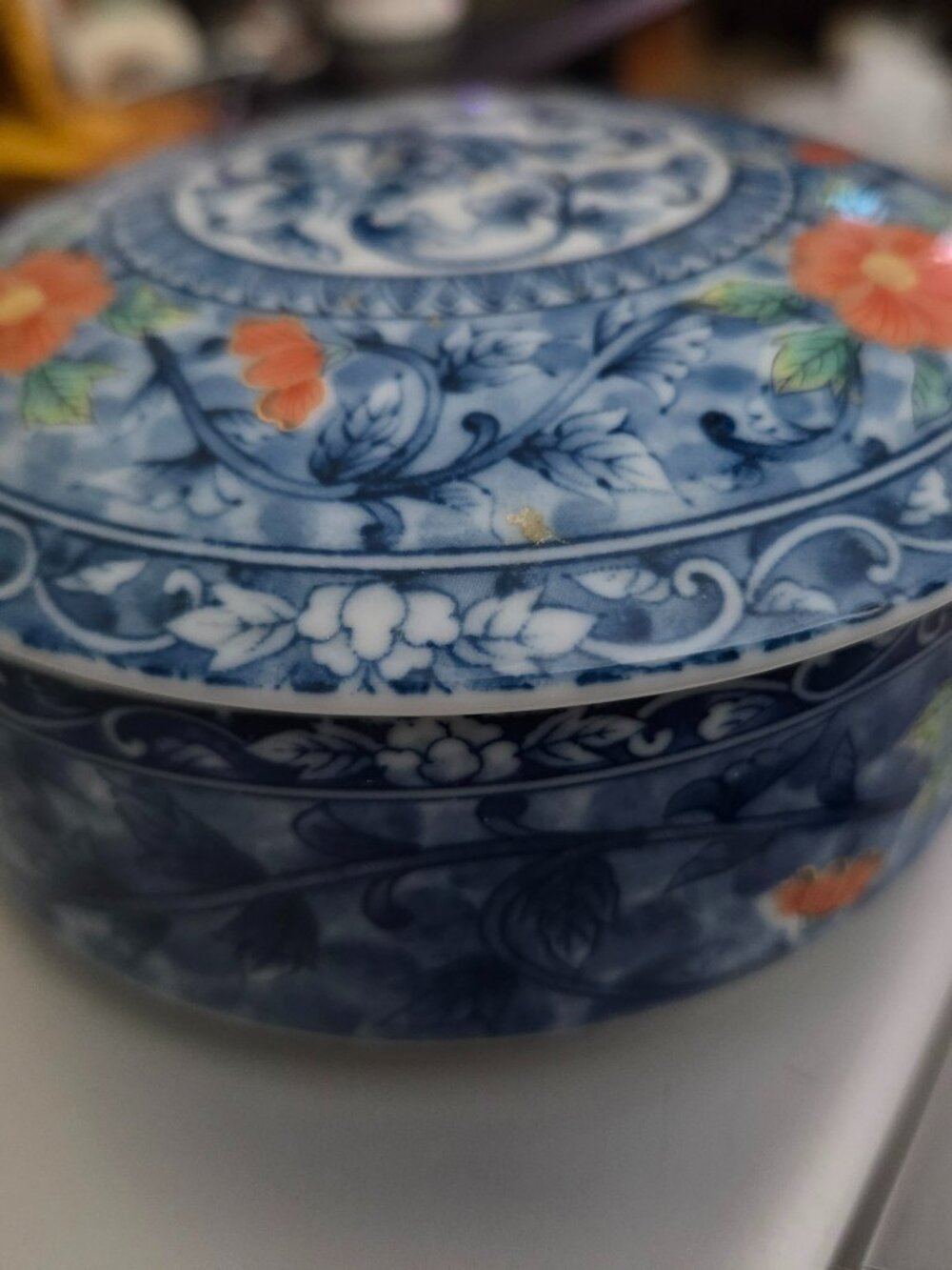vintage round trinket/jewelry box pier one imports blue and orange